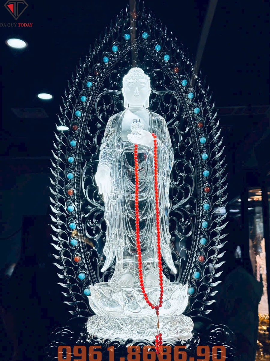 Tượng phật a di đà thờ tại gia bằng đá thạch anh trắng