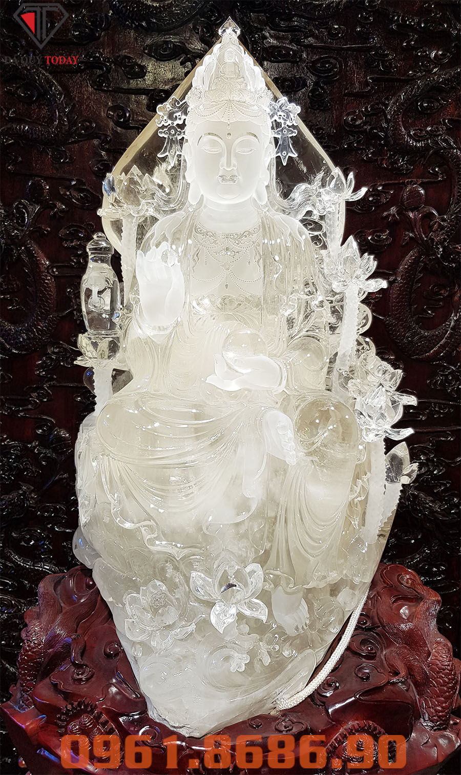 Tượng phật quan âm thờ tại gia bằng đá thạch anh trắng
